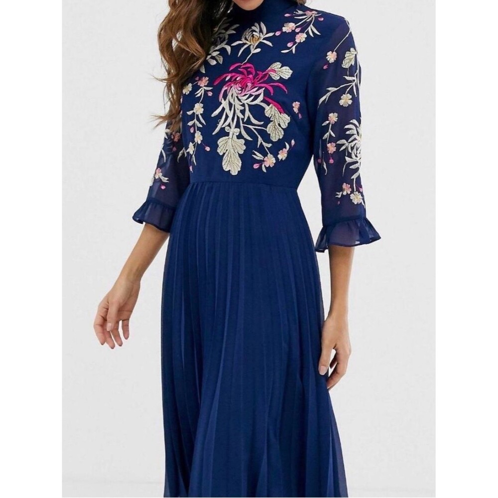 ASOS Embroidered Pleated Midi Dress Womens 10 Navy Floral Sheer Sleeve